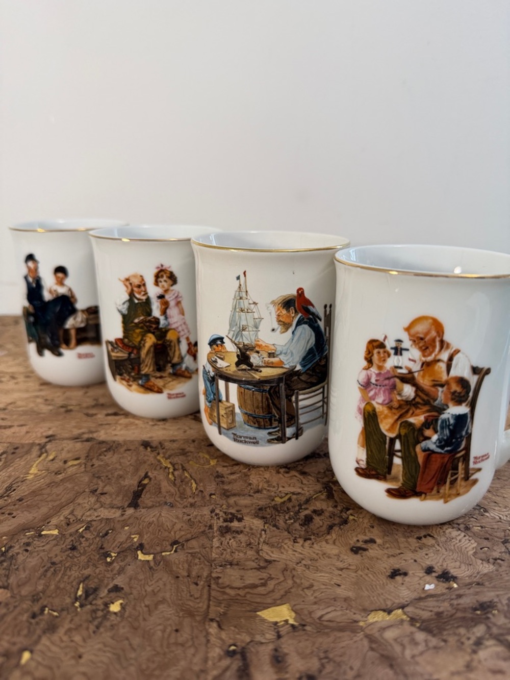 4 Norman Rockwell Vintage-Style White Porcelain Mugs with Gold Trim ☕️